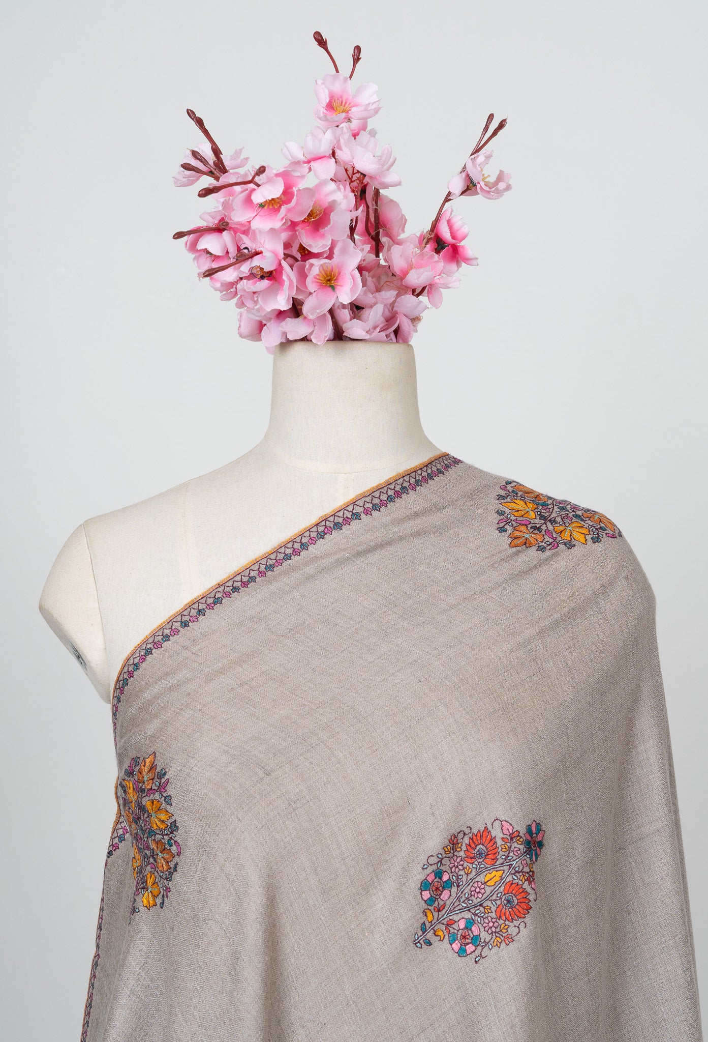 Sozni Hand Embroidered Pashmina: Multicolour Floral Medallion Drift