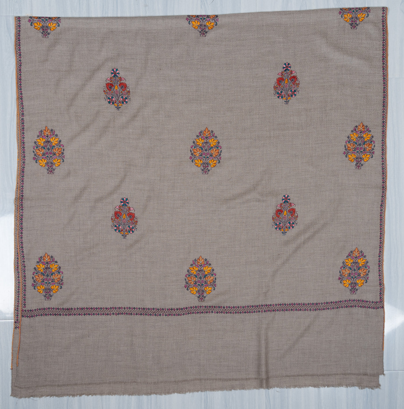 Sozni Hand Embroidered Pashmina: Multicolour Floral Medallion Drift