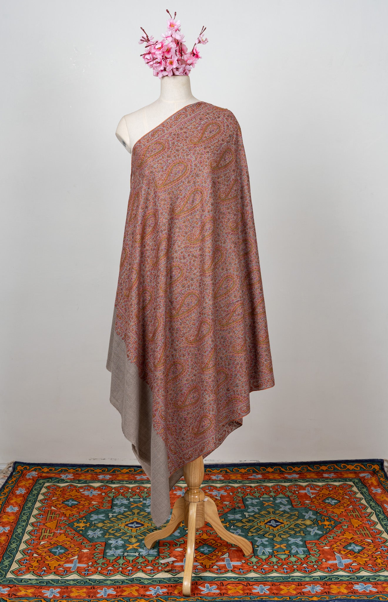 Sozni Hand Embroidered Pashmina: Classic Paisley Rust Harmony