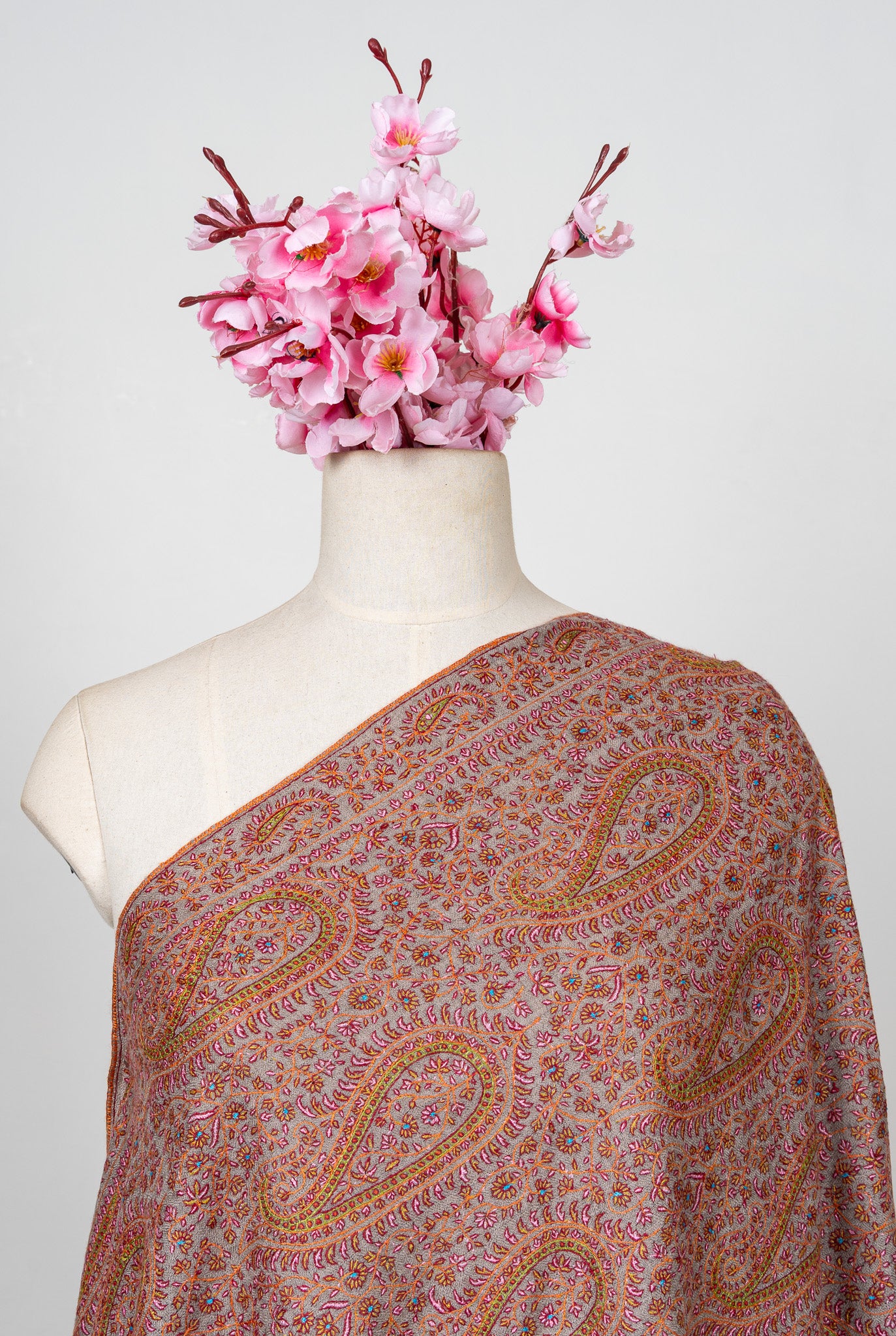 Sozni Hand Embroidered Pashmina: Classic Paisley Rust Harmony