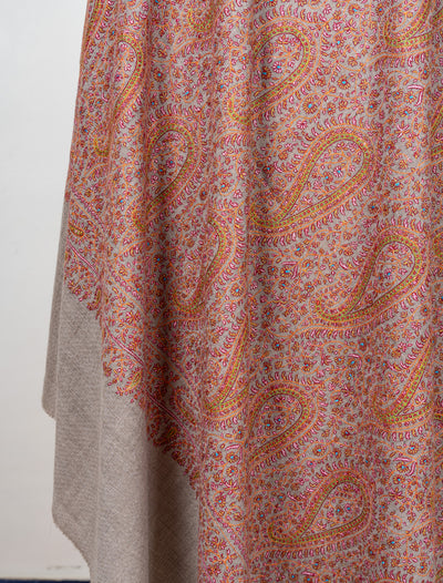 Sozni Hand Embroidered Pashmina: Classic Paisley Rust Harmony
