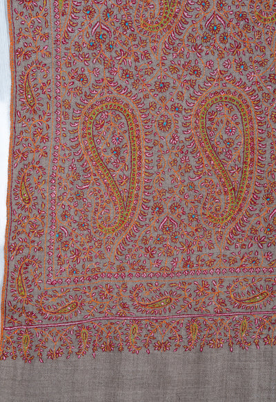 Sozni Hand Embroidered Pashmina: Classic Paisley Rust Harmony