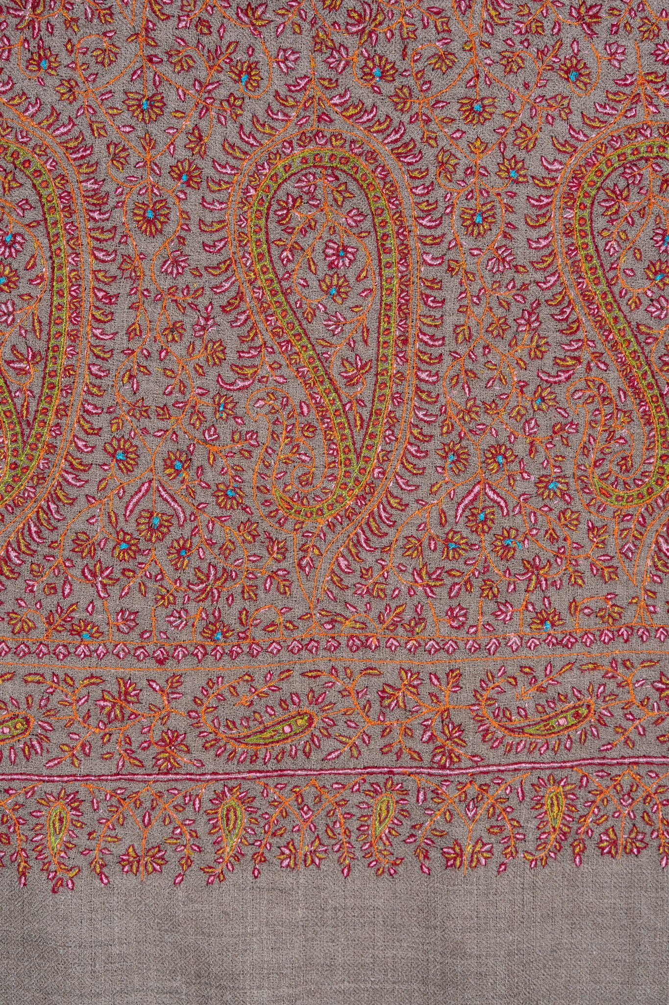Sozni Hand Embroidered Pashmina: Classic Paisley Rust Harmony
