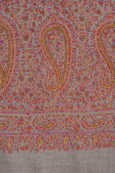 Sozni Hand Embroidered Pashmina: Classic Paisley Rust Harmony