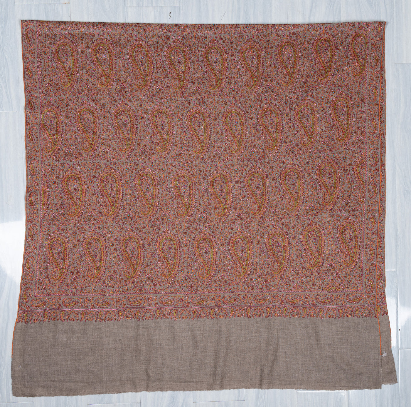 Sozni Hand Embroidered Pashmina: Classic Paisley Rust Harmony