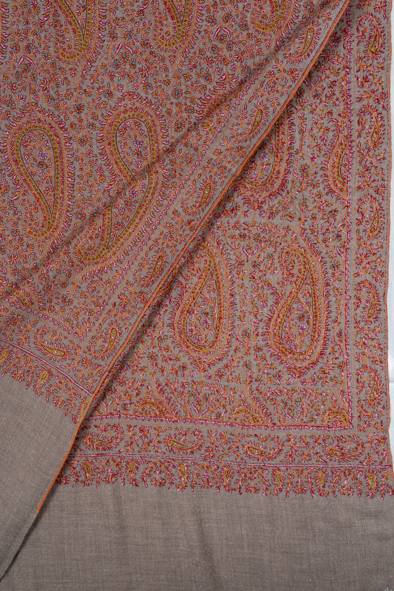 Sozni Hand Embroidered Pashmina: Classic Paisley Rust Harmony
