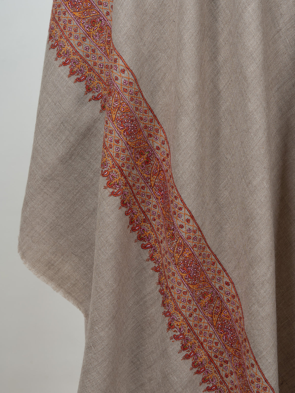 Sozni Hand Embroidered Pashmina: Soft Taupe Heritage Border
