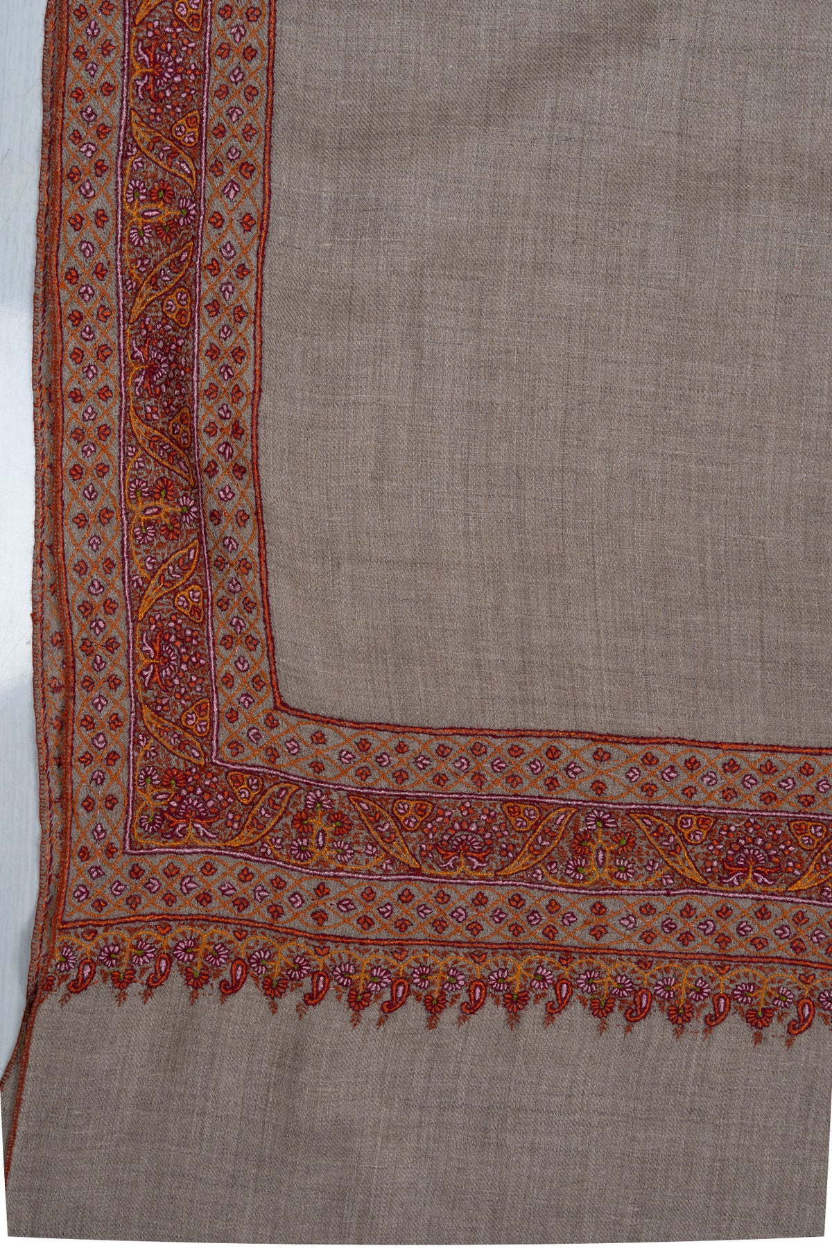 Sozni Hand Embroidered Pashmina: Soft Taupe Heritage Border