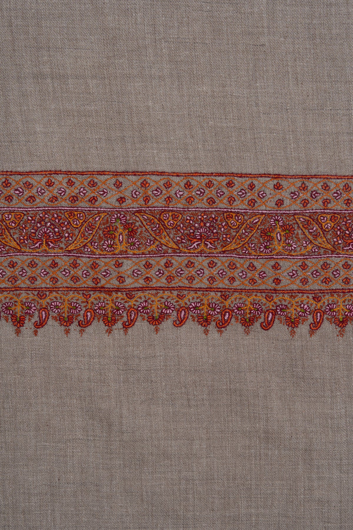 Sozni Hand Embroidered Pashmina: Soft Taupe Heritage Border