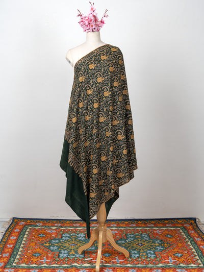 Sozni Hand Embroidered Pashmina: Forest Green Regal Paisley