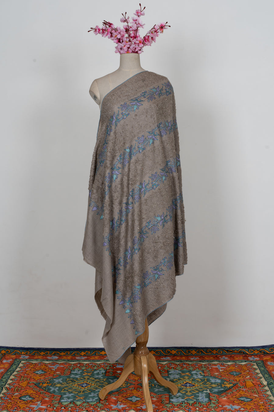 Earthbound Elegance: Pure Pashmina towel style Sozni Hand Embroidered Shawl