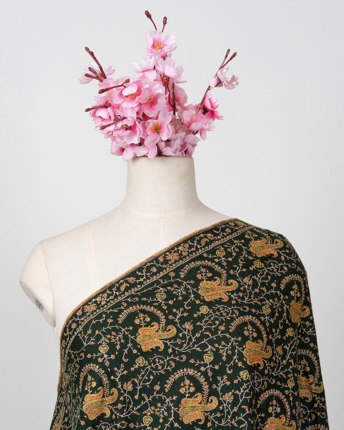 Sozni Hand Embroidered Pashmina: Forest Green Regal Paisley