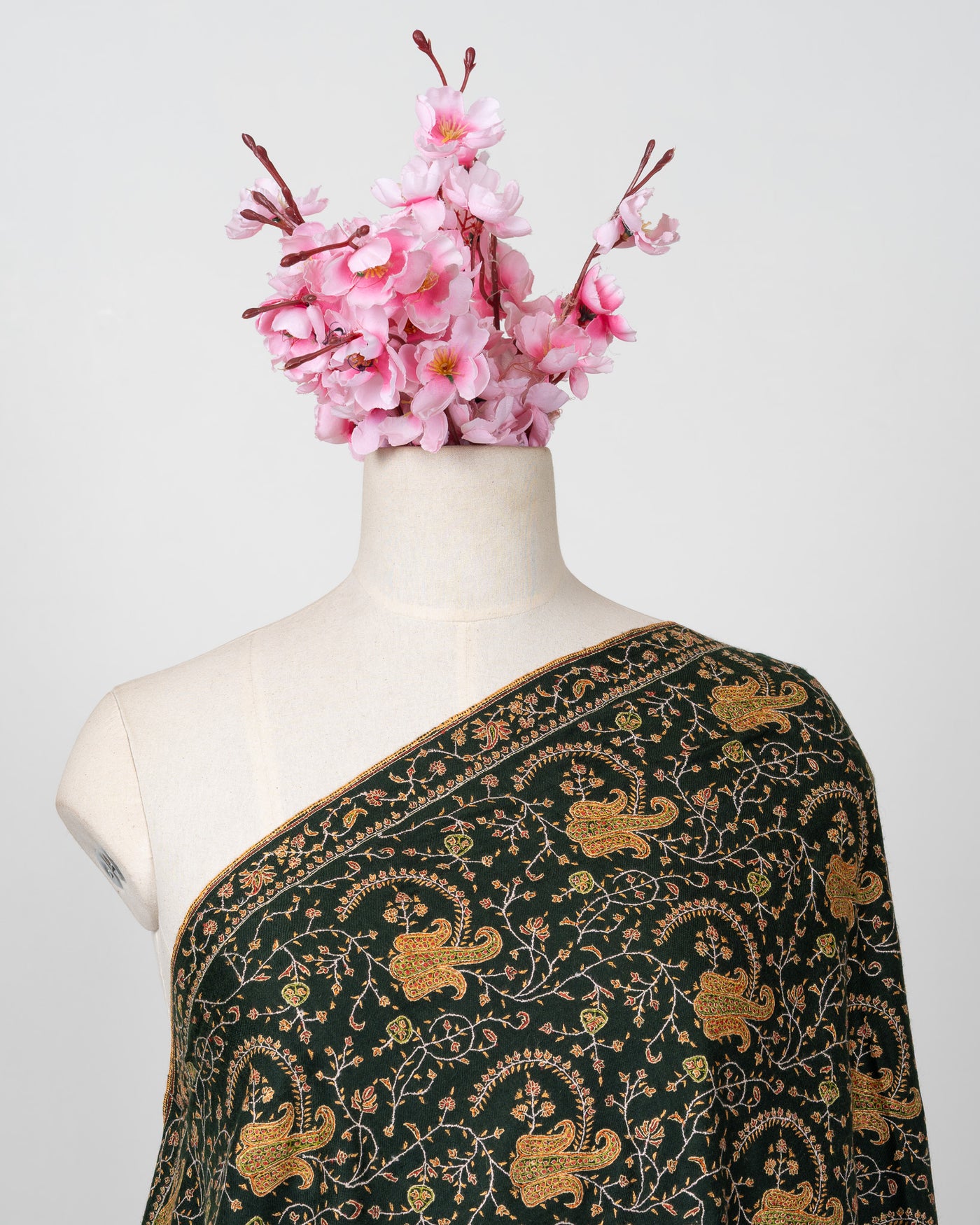 Sozni Hand Embroidered Pashmina: Forest Green Regal Paisley