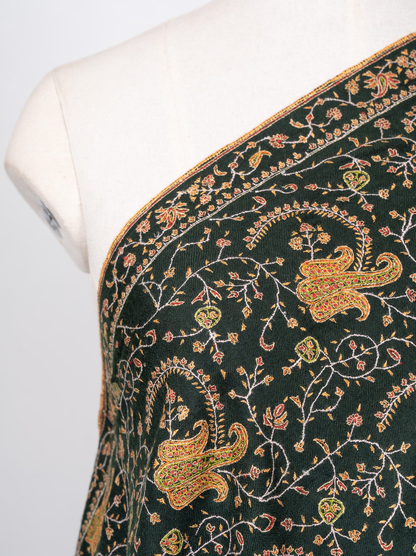 Sozni Hand Embroidered Pashmina: Forest Green Regal Paisley