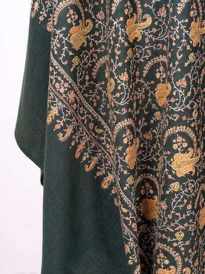 Sozni Hand Embroidered Pashmina: Forest Green Regal Paisley