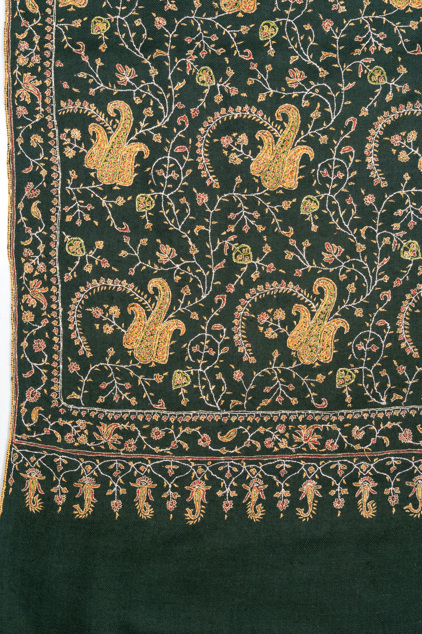 Sozni Hand Embroidered Pashmina: Forest Green Regal Paisley