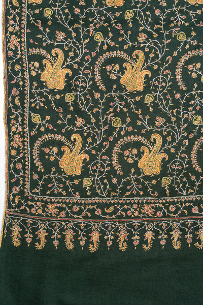 Sozni Hand Embroidered Pashmina: Forest Green Regal Paisley