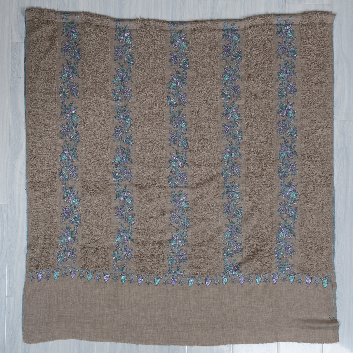 Earthbound Elegance: Pure Pashmina towel style Sozni Hand Embroidered Shawl