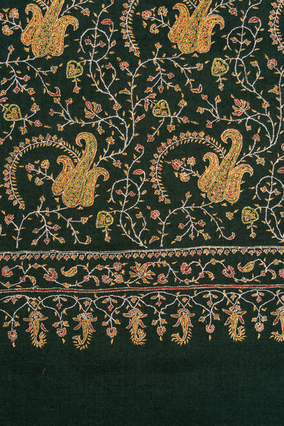 Sozni Hand Embroidered Pashmina: Forest Green Regal Paisley