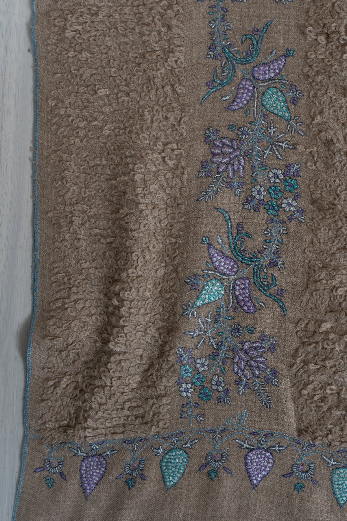 Earthbound Elegance: Pure Pashmina towel style Sozni Hand Embroidered Shawl