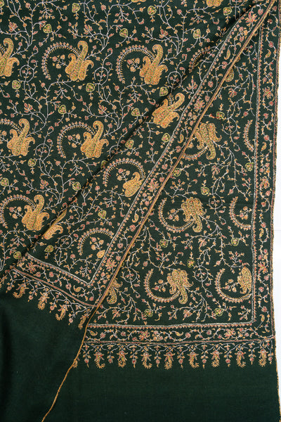 Sozni Hand Embroidered Pashmina: Forest Green Regal Paisley