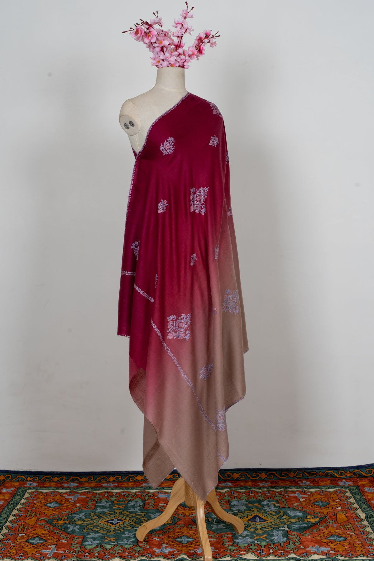 Crimson Fade: Pure Pashmina Sozni Hand Embroidered Shawl