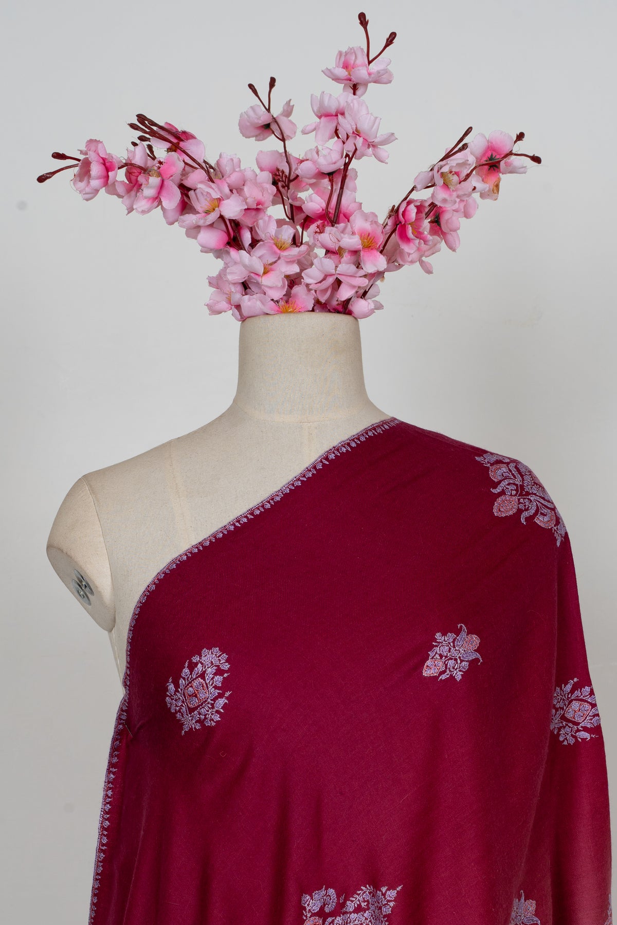 Crimson Fade: Pure Pashmina Sozni Hand Embroidered Shawl