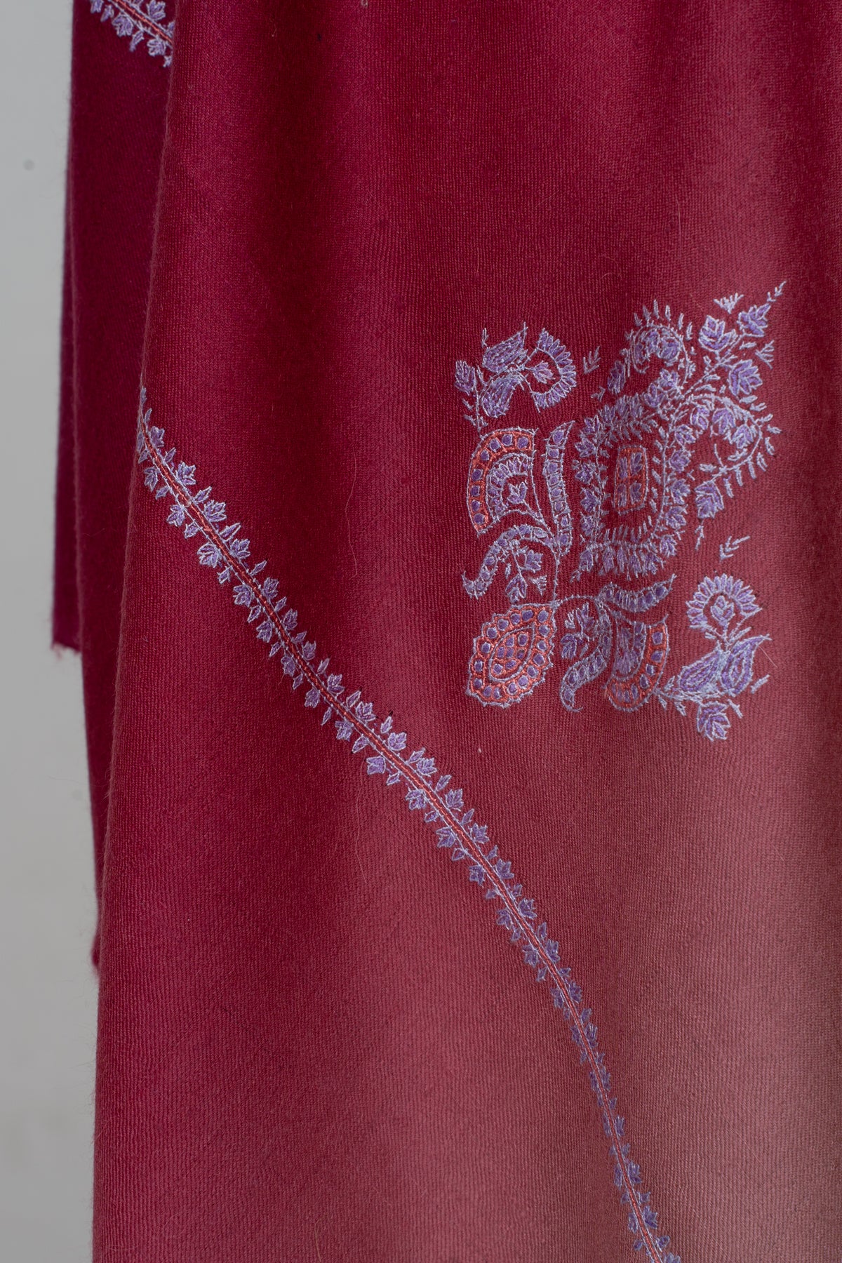 Crimson Fade: Pure Pashmina Sozni Hand Embroidered Shawl