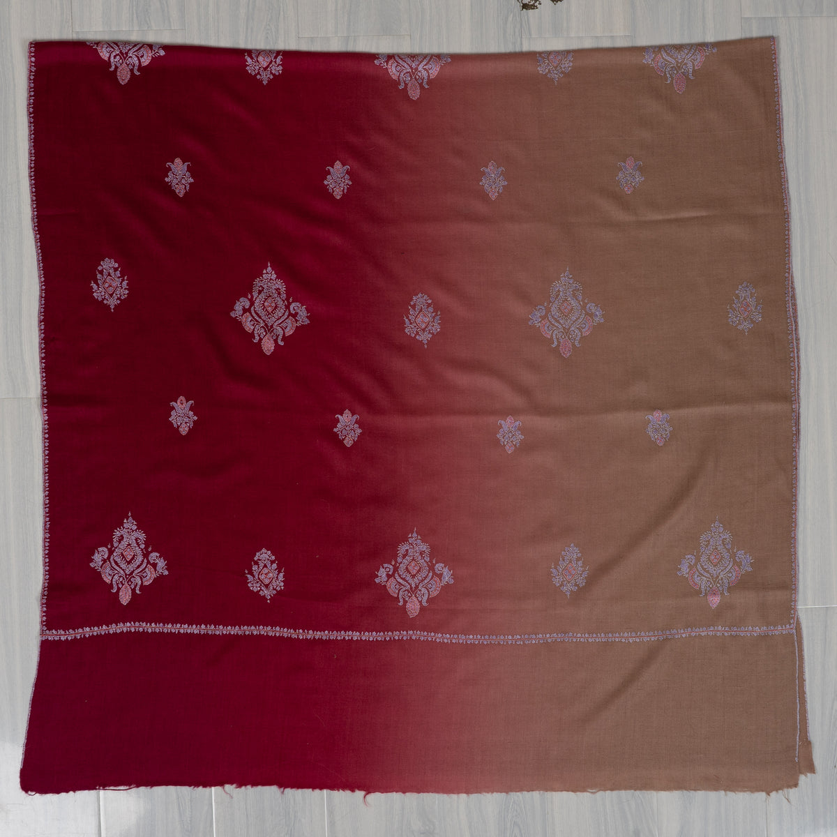 Crimson Fade: Pure Pashmina Sozni Hand Embroidered Shawl
