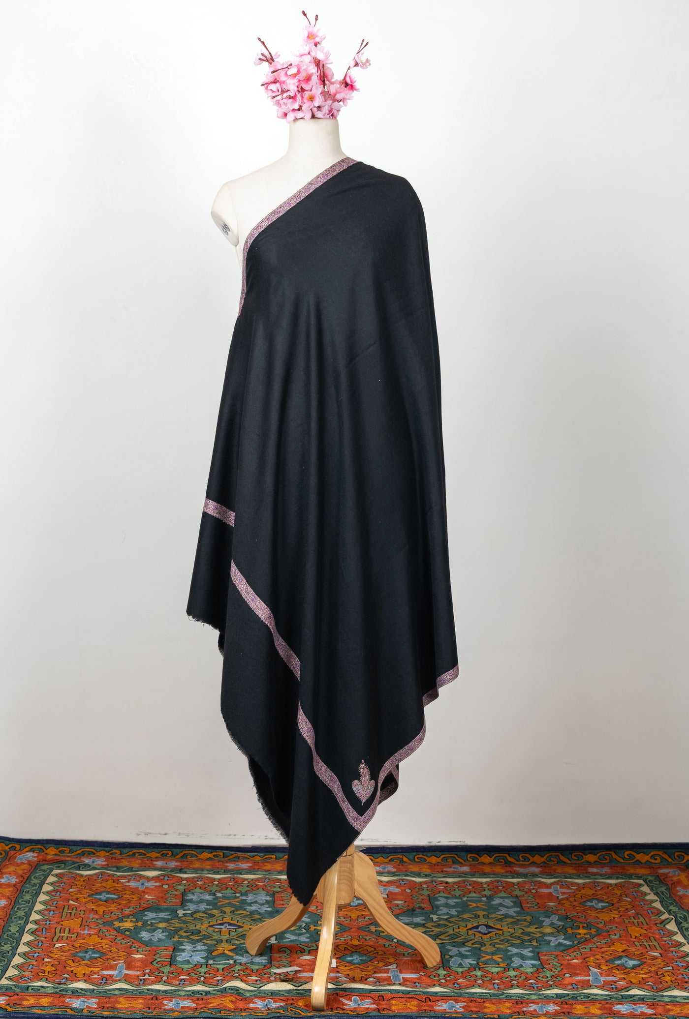 Sozni Hand Embroidered Pashmina: Midnight Black Blush Border