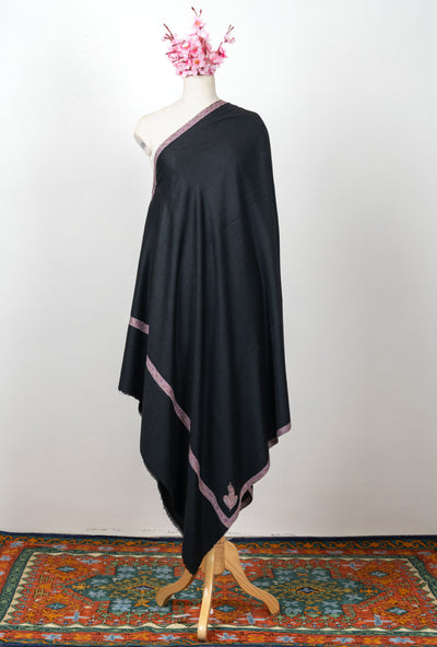 Sozni Hand Embroidered Pashmina: Midnight Black Blush Border
