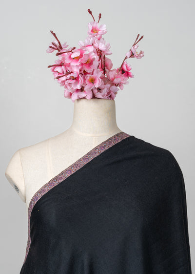 Sozni Hand Embroidered Pashmina: Midnight Black Blush Border