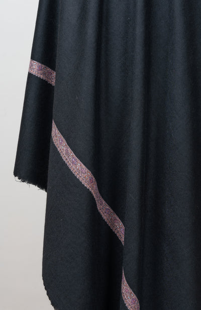 Sozni Hand Embroidered Pashmina: Midnight Black Blush Border