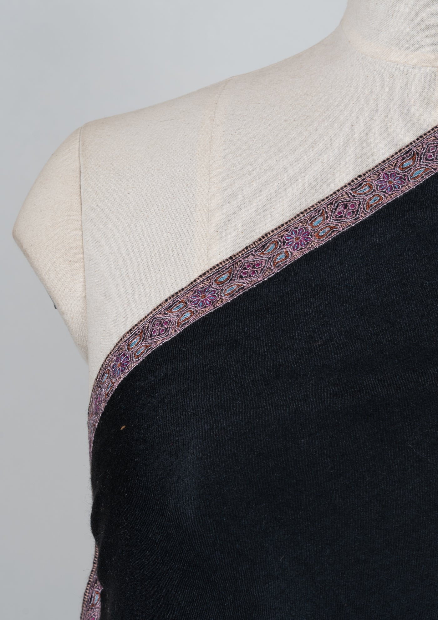 Sozni Hand Embroidered Pashmina: Midnight Black Blush Border