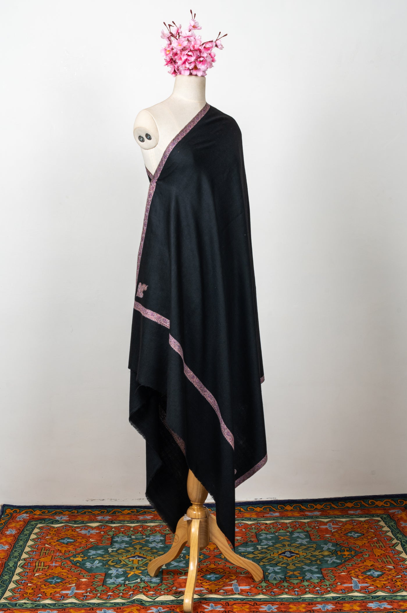 Sozni Hand Embroidered Pashmina: Midnight Black Blush Border