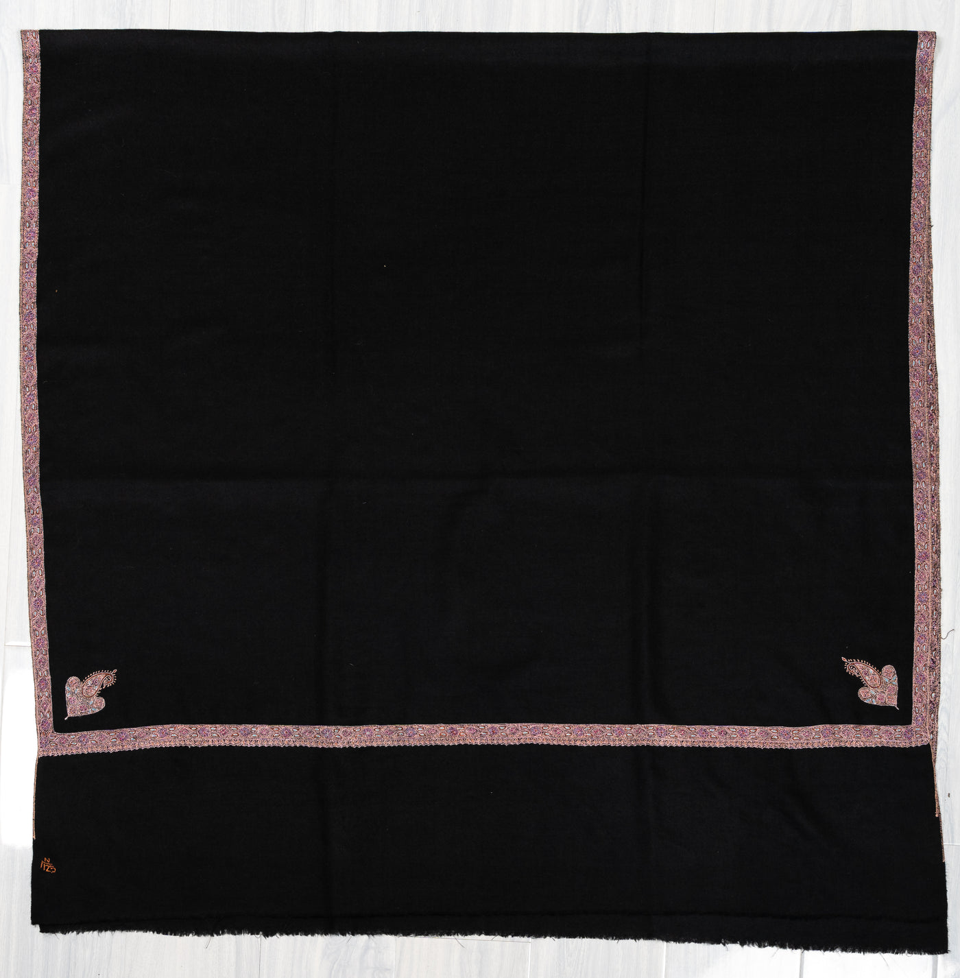 Sozni Hand Embroidered Pashmina: Midnight Black Blush Border