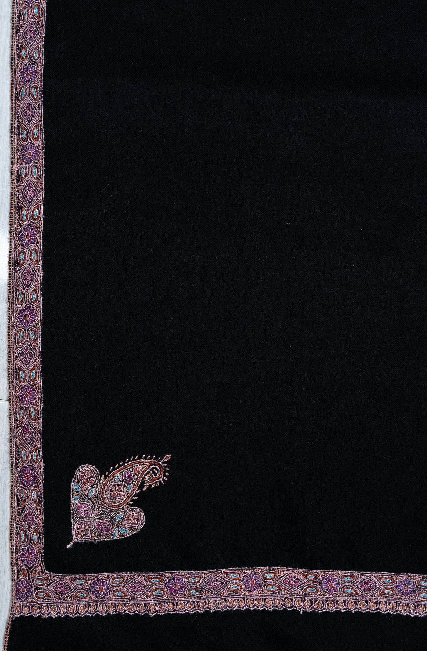 Sozni Hand Embroidered Pashmina: Midnight Black Blush Border