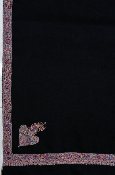 Sozni Hand Embroidered Pashmina: Midnight Black Blush Border