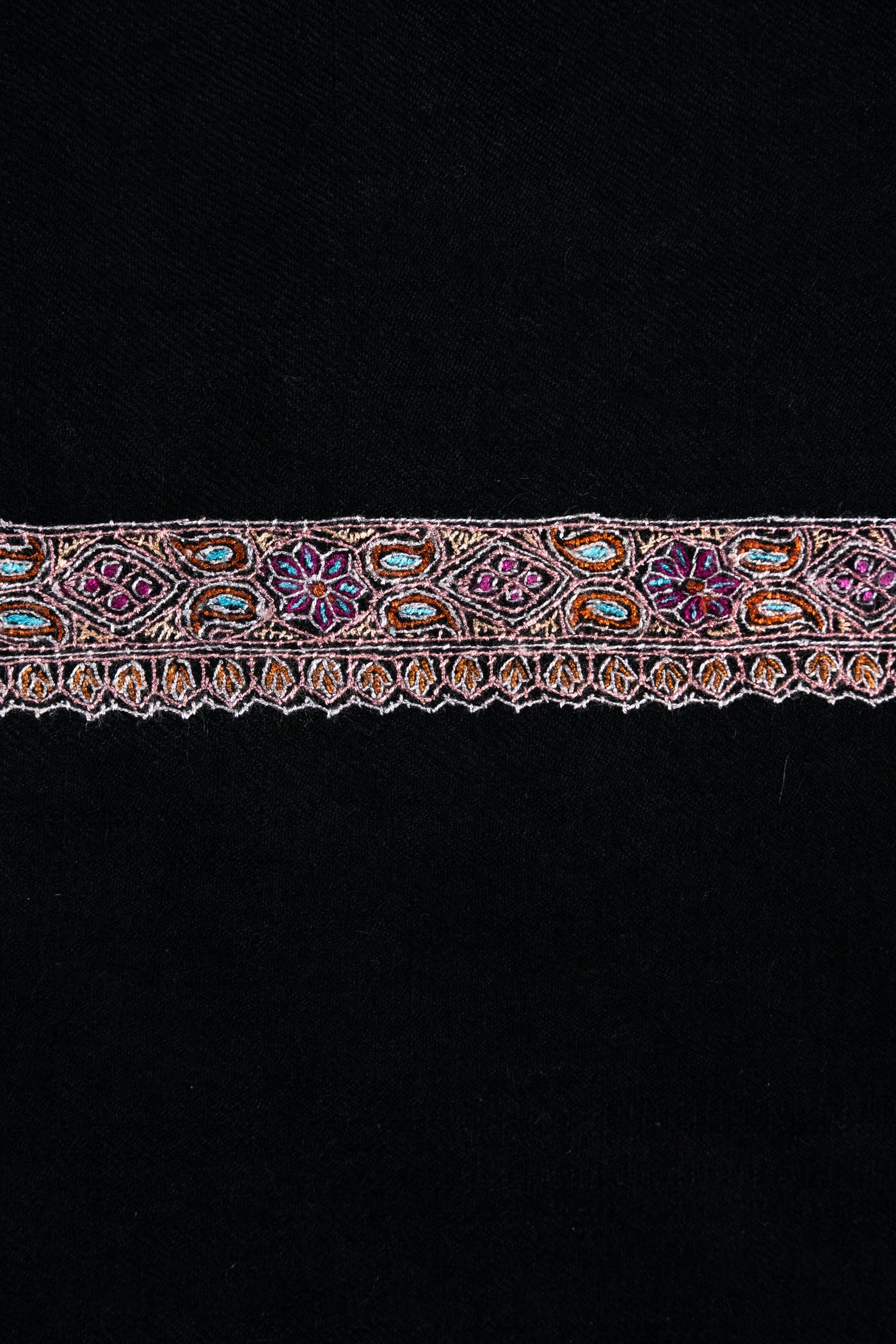 Sozni Hand Embroidered Pashmina: Midnight Black Blush Border