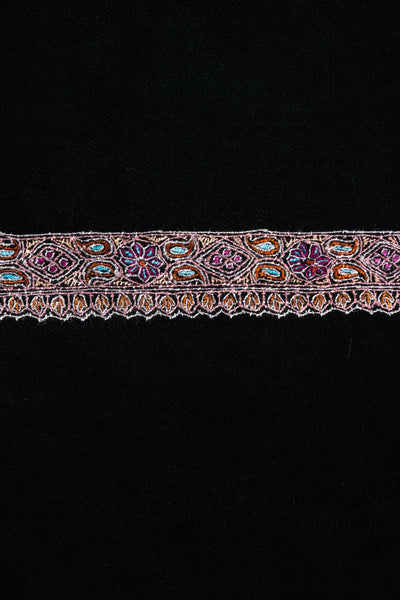 Sozni Hand Embroidered Pashmina: Midnight Black Blush Border
