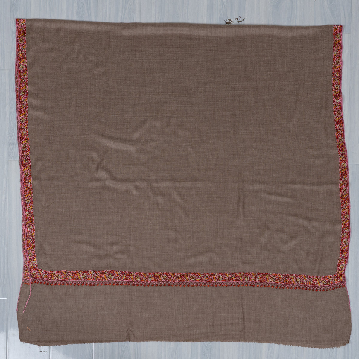 Taupe Rose Border Grace: Merino Wool Hand Embroidered 2.5 Yards Shawl