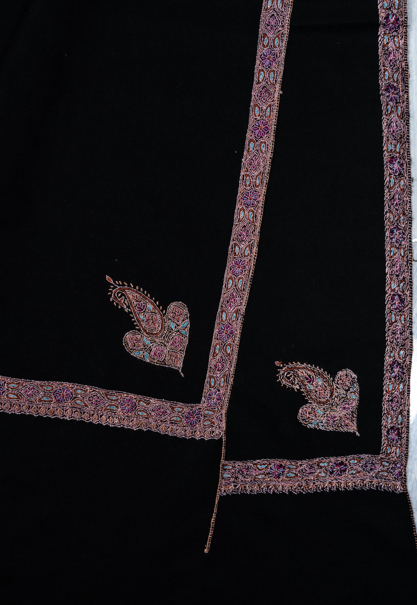 Sozni Hand Embroidered Pashmina: Midnight Black Blush Border