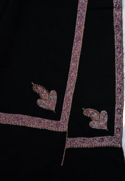 Sozni Hand Embroidered Pashmina: Midnight Black Blush Border