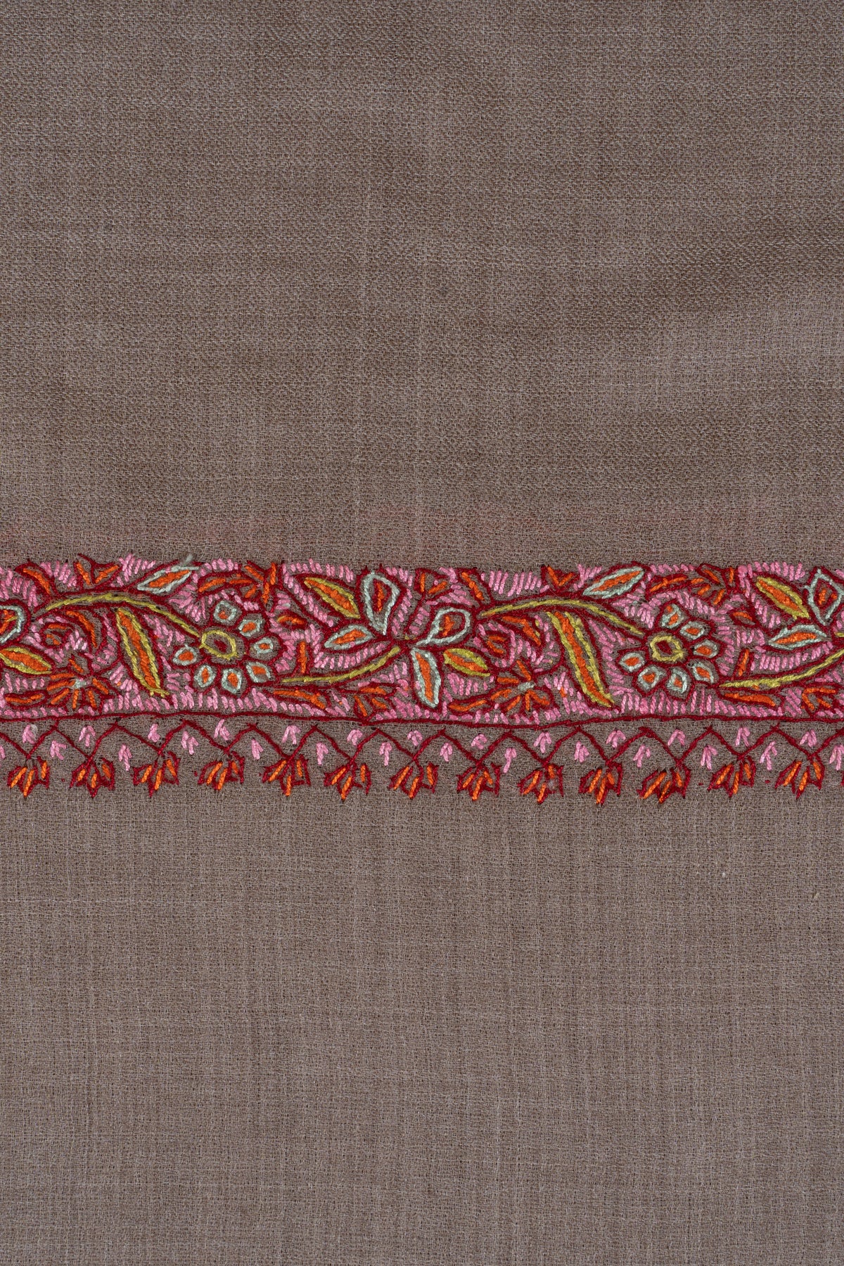 Taupe Rose Border Grace: Merino Wool Hand Embroidered 2.5 Yards Shawl