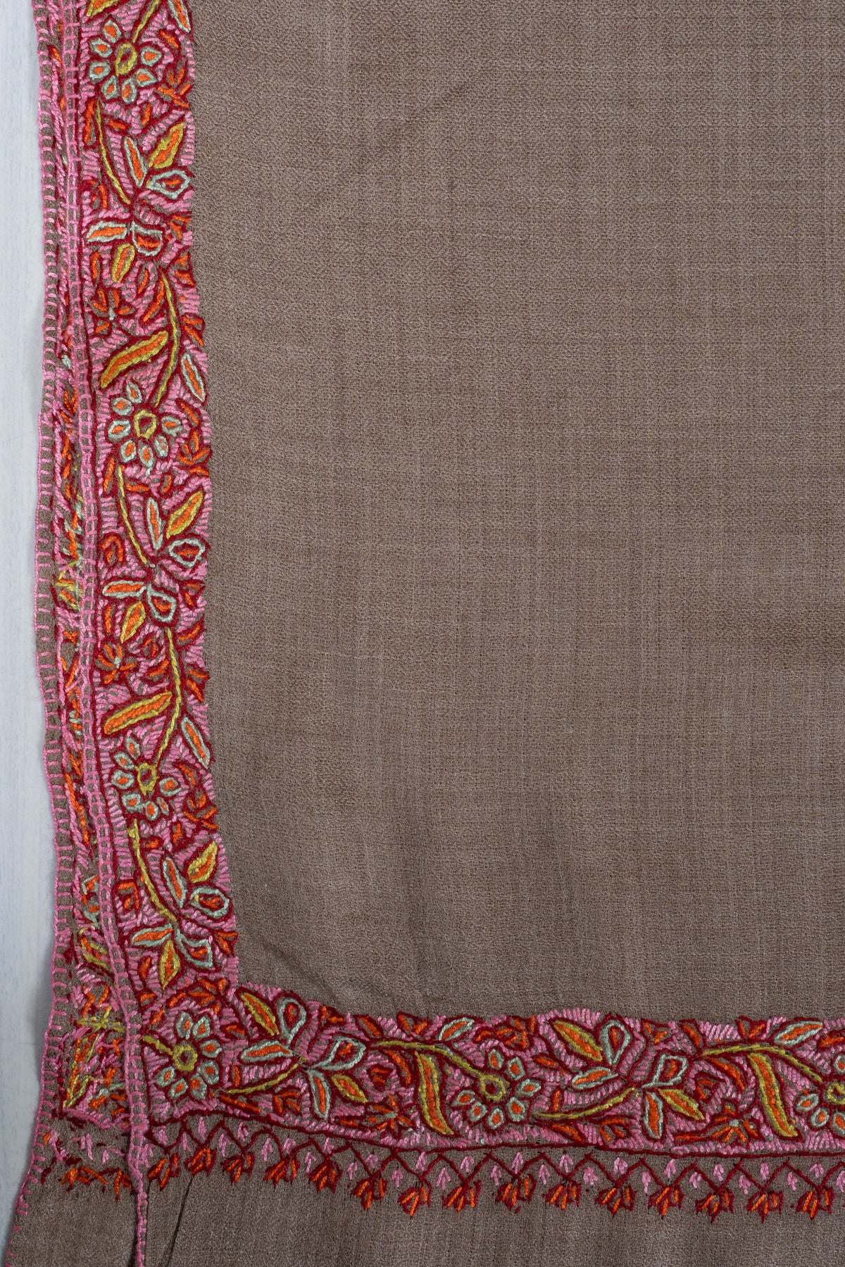 Taupe Rose Border Grace: Merino Wool Hand Embroidered 2.5 Yards Shawl