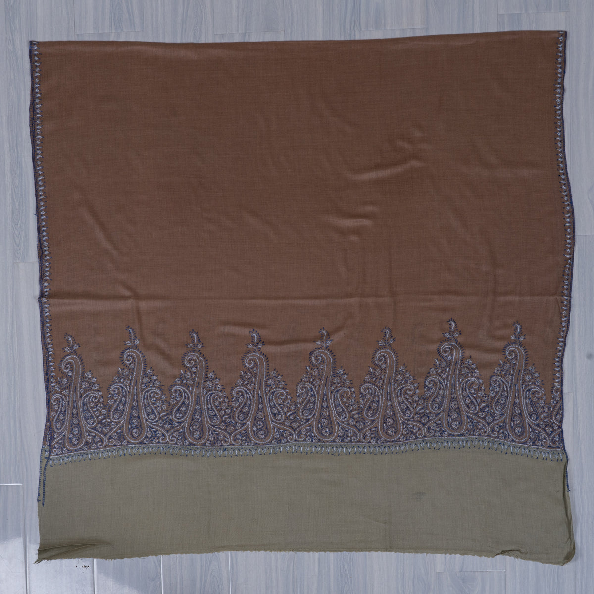 Sandstone Blue Paisley Edge: Merino Wool Hand Embroidered 2.5 Yards Shawl