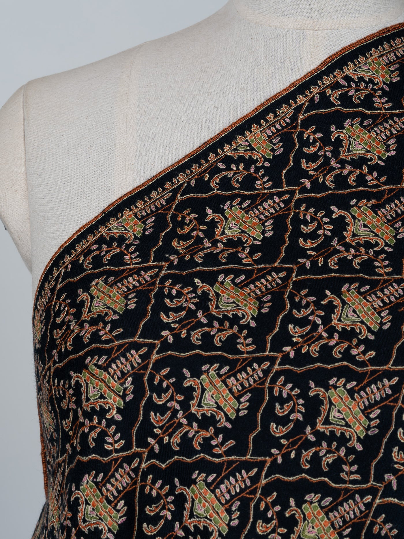 Sozni Hand Embroidered Pashmina: Dark Heritage Trellis