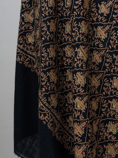 Sozni Hand Embroidered Pashmina: Dark Heritage Trellis