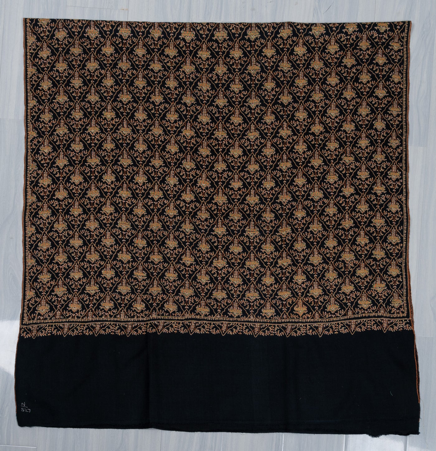 Sozni Hand Embroidered Pashmina: Dark Heritage Trellis