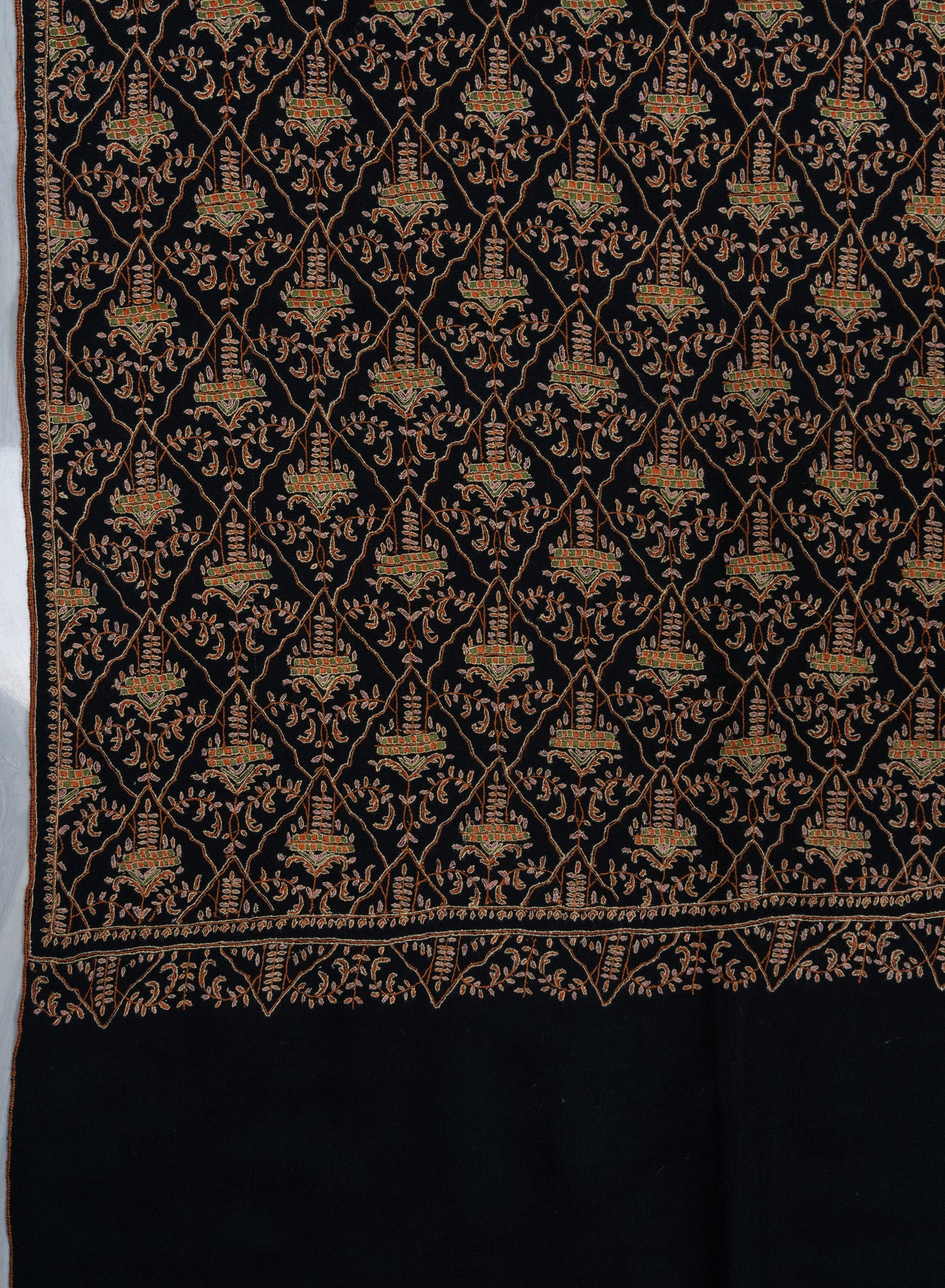 Sozni Hand Embroidered Pashmina: Dark Heritage Trellis